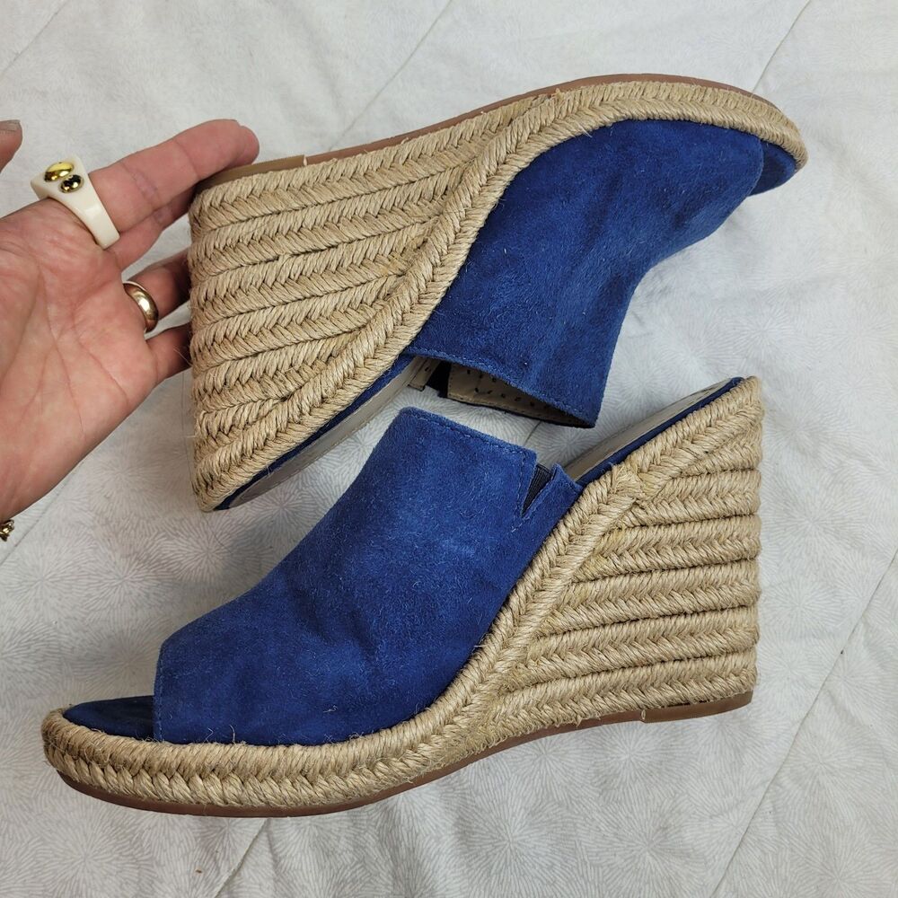 JOHNSTON & MURPHY BLUE SUEDE ESPARTO ROPE HIGH HEEL OPEN TOE WEDGE MULE 10M - Picture 8 of 13